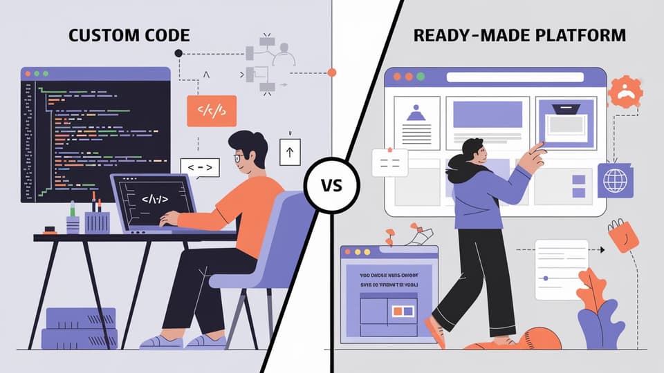 איור פוסט בנושא יתרונות וחסרונות של אתרי Custom Code לעומת אתרי פלטפורמות מוכנות
